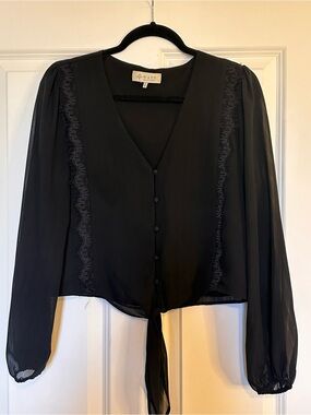 Wayf Black Tie-Front Sheer V-Neck Blouse